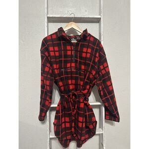 VTG XLg CHM‎ DESIGN Sweater Red Black Plaid Pullover Fleece Cinch Waist Half Zip